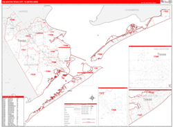 Galveston-Texas City Metro Area Wall Map Red Line Style 2024